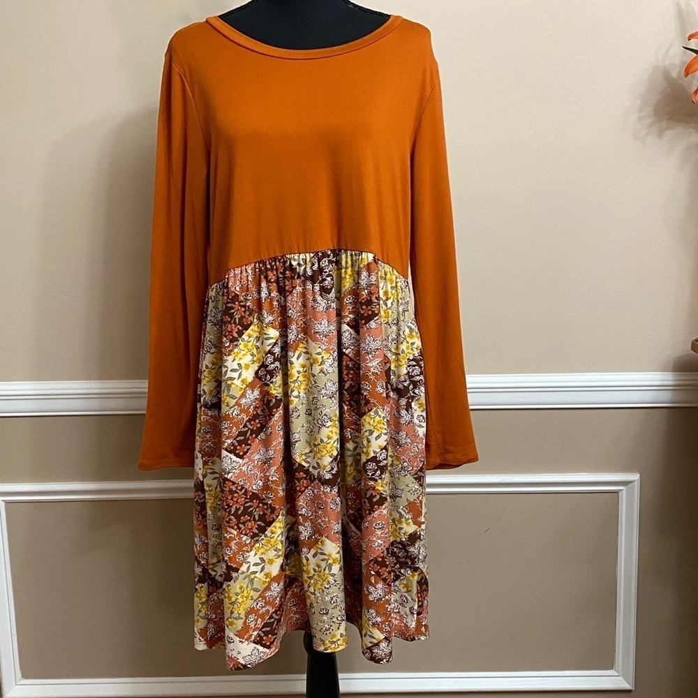 Orange and Floral Long Sleeve Dress